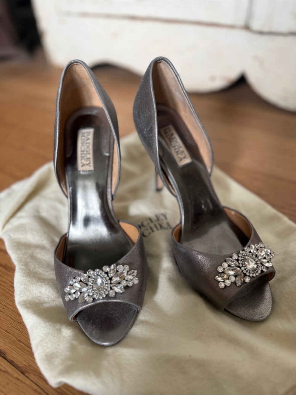 Badgley Mischka Silver Satin Peep-Toe Crystal Heels - Picture 7 of 8